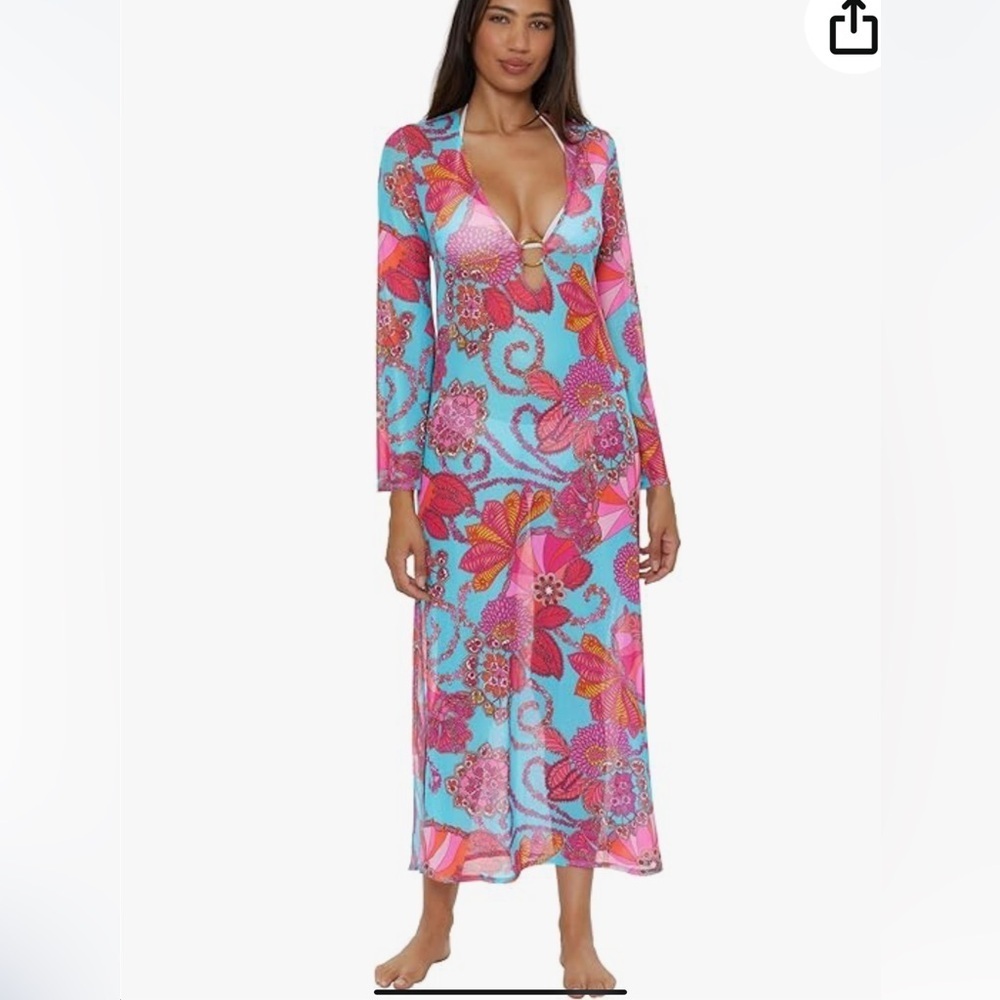Trina Turk colorful mesh fabric swimsuit coverup with center ring Medium New